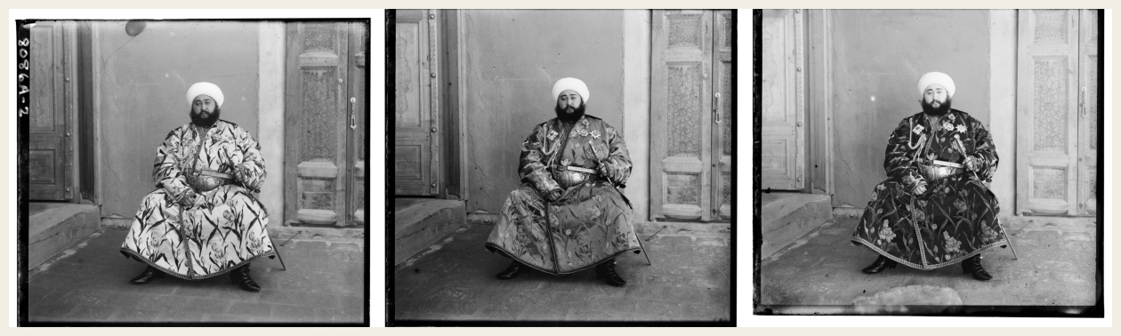 Blue, green, and red filter plates of a man in a robe
