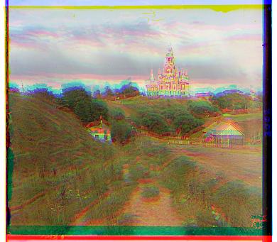 Unaligned red, green, and blue cathedral channels stacked as a color image