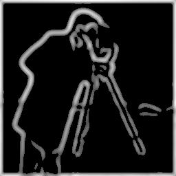 Cameraman edges from a 21 by 21 derivative of gaussian, thresholded at 30 percent
