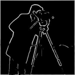 Cameraman edges from a 7 by 7 derivative of gaussian, thresholded at 40 percent
